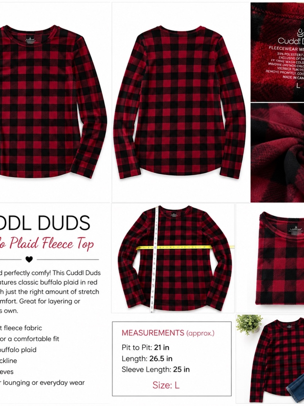 Cuddl Duds Red & Black Buffalo Plaid Fleece Top – Size L ❤️🖤